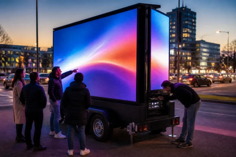 dubbelzijdige led-wagen langs drukke stadsweg in de schemering met mensen die het scherm en de techniek van dichtbij