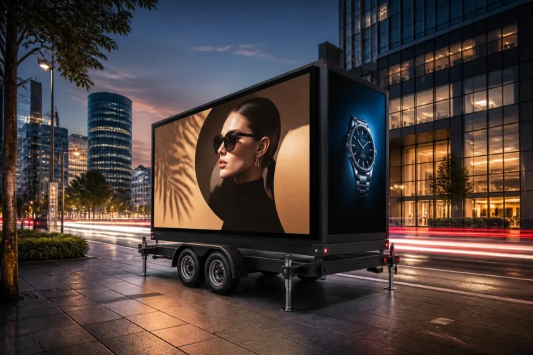dubbelzijdige led-wagen langs drukke stadsweg in de schemering met opvallende reclames op beide schermen