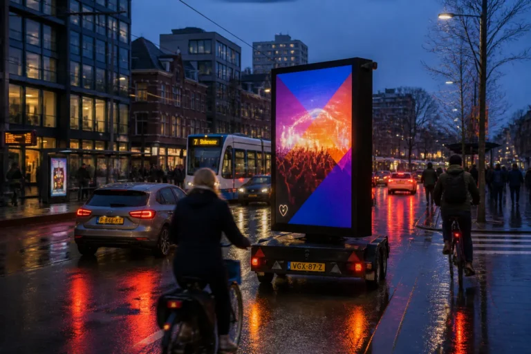 dubbelzijdige led-wagen langs drukke stadsweg in de schemering met voorbijlopende mensen en verkeer