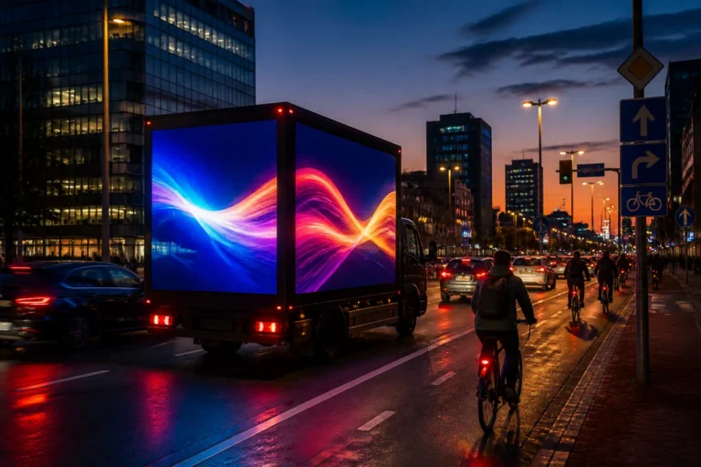 dubbelzijdige led-wagen langs drukke stadsweg in de schemering waar verkeer zich op oriënteert