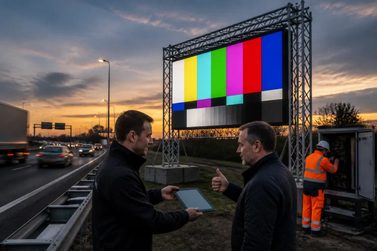 monteur en klant rond bedieningskastje bij groot led-scherm langs drukke snelweg