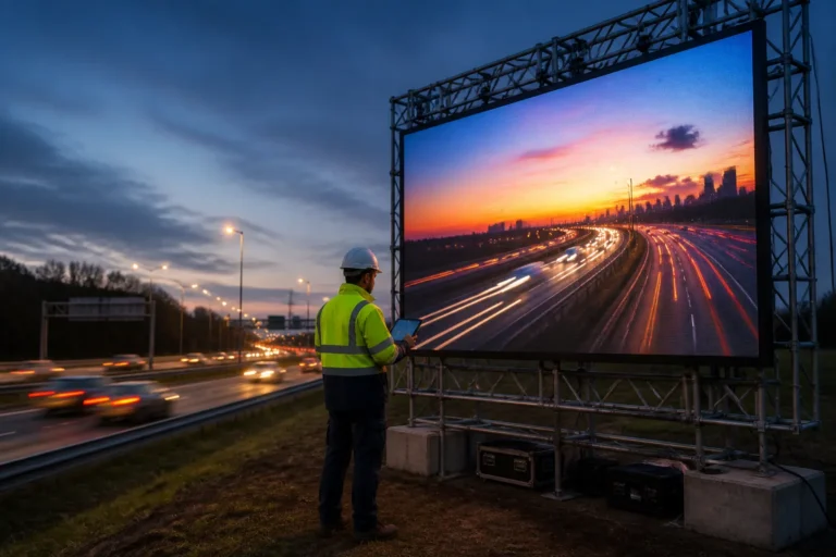 technicus onderzoekt een groot tijdelijk led-scherm op stalen frame langs een drukke snelweg in de schemering