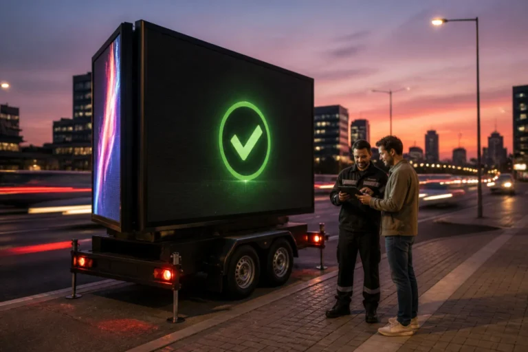 dubbelzijdige led-wagen langs drukke stadsweg in de schemering terwijl klant en medewerker de huur afronden