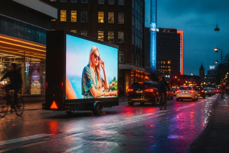 grote mobiele led-wagen met dubbelzijdig scherm langs drukke stadsweg in de schemering
