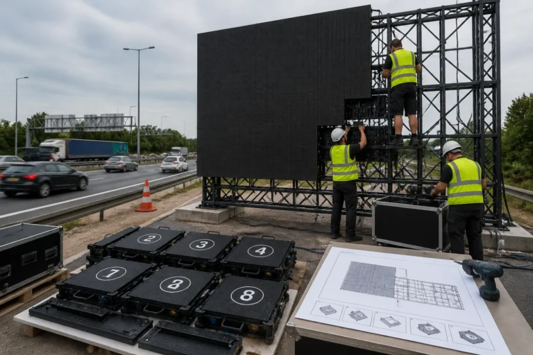 monteurs bouwen een groot tijdelijk led-scherm op stalen frame langs een drukke snelweg