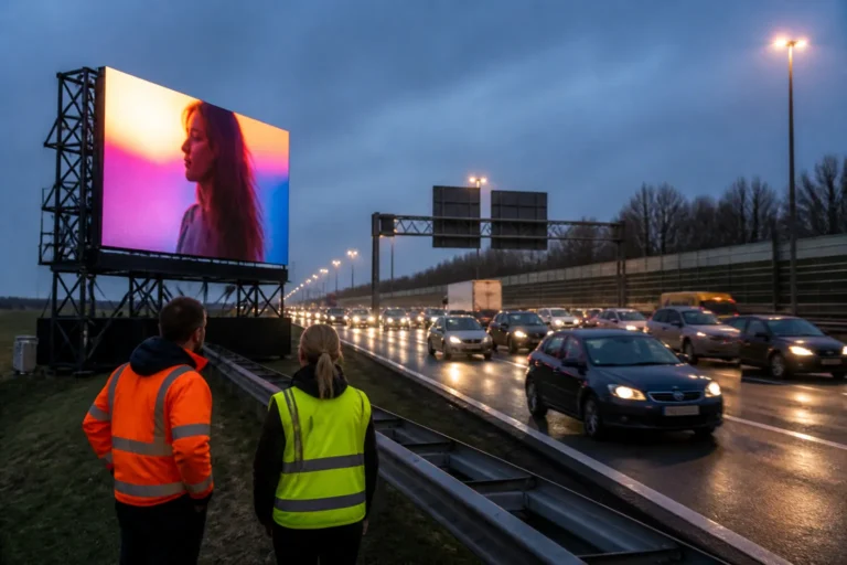 tijdelijk led-scherm op stalen frame langs drukke snelweg bij spits met twee toezichthouders in hesjes