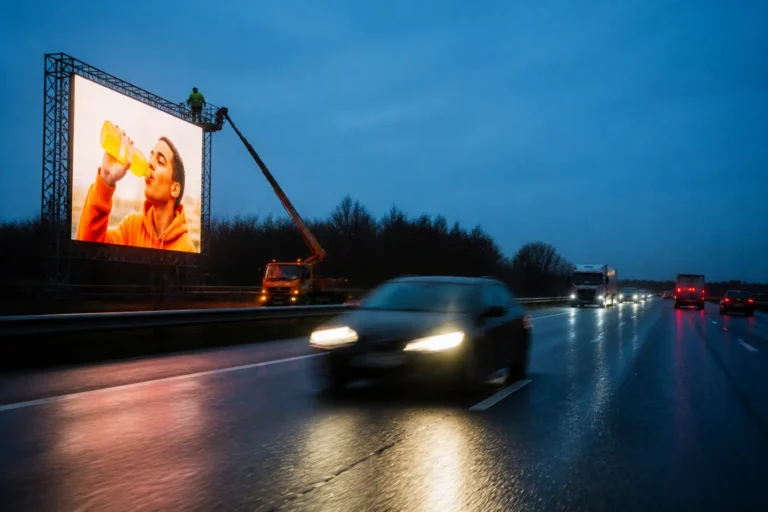 tijdelijk led-scherm op stalen frame langs snelweg in schemer met passerende auto’s