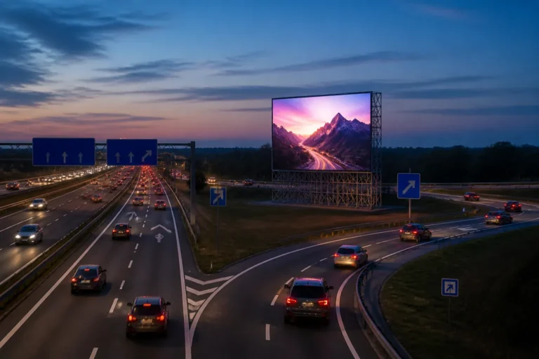 tijdelijk led-scherm op stalen frame langs drukke snelweg bij knooppunt in de schemering