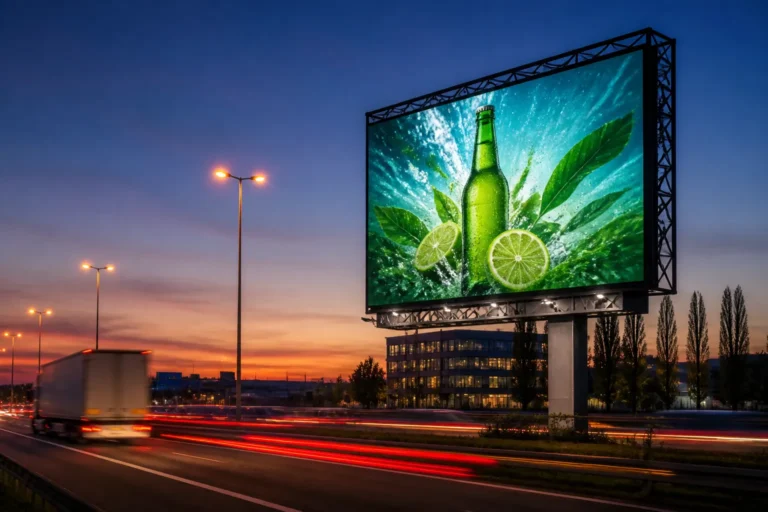 groot tijdelijk led-scherm op stalen frame langs drukke snelweg in de schemering met lichtsporen van verkeer