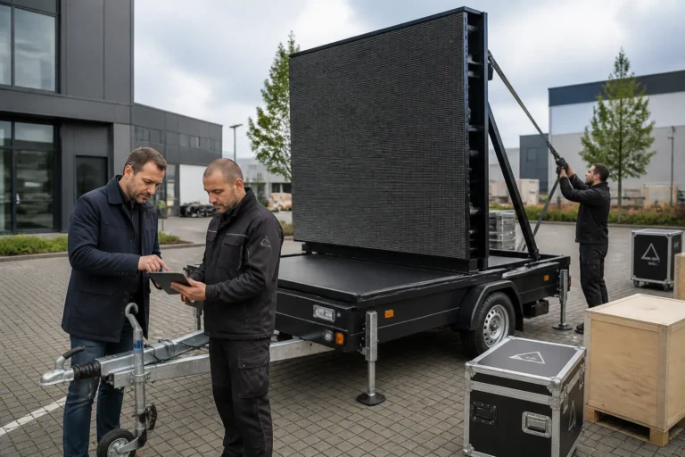 installateur en klant controleren bestelling op tablet naast mobiel led-scherm op trailer tijdens plaatsing