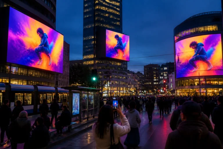 stadsplein in de avond met meerdere grote led-schermen die dezelfde campagne tonen terwijl voetgangers langslopen