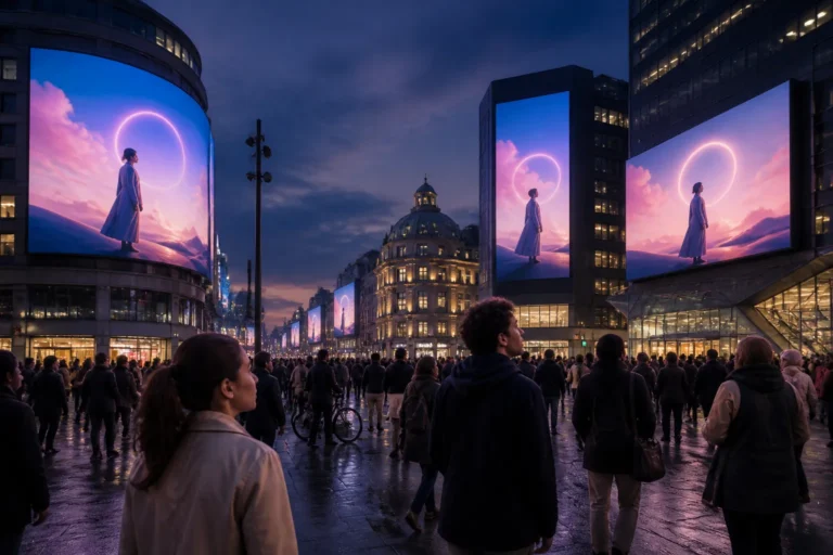 meerdere grote led-schermen met dezelfde campagne langs een stadsplein dienen als oriëntatiepunt voor voetgangers