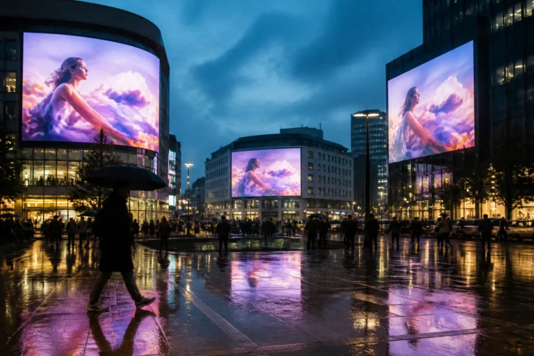 meerdere grote led-schermen tonen dezelfde campagne op een druk stadsplein in de avond