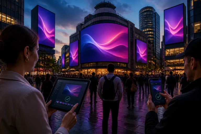meerdere grote led-schermen tonen synchroon dezelfde campagne terwijl een marketeer op een tablet de plaatsing bevestigt