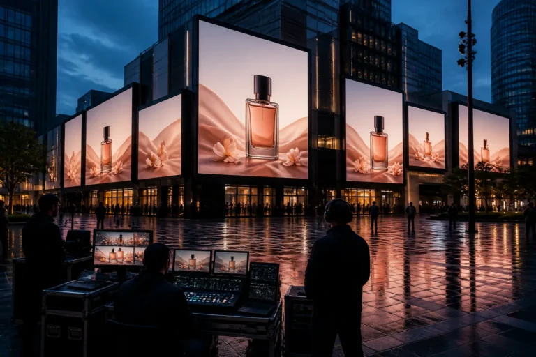 meerdere grote led-schermen op een stadsplein tonen synchroon dezelfde kleurrijke campagne in de schemering