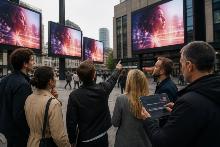 meerdere grote led-schermen op een stadsplein tonen synchroon dezelfde campagne terwijl een klein groepje mensen ze
