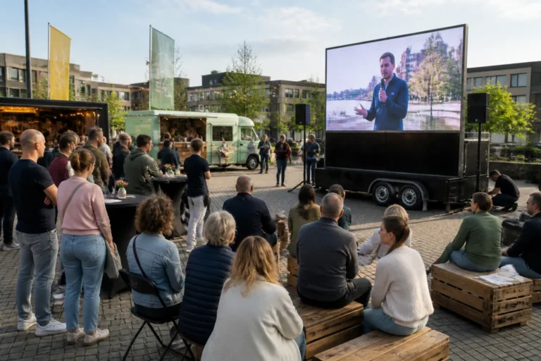 mobiel led-scherm op trailer bij kleinschalig buitenplein event met publiek en foodtrucks