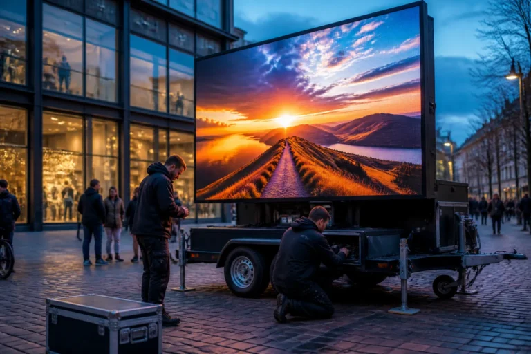 mobiel led-scherm op trailer wordt bij schemering op stadsplein geïnstalleerd door monteurs