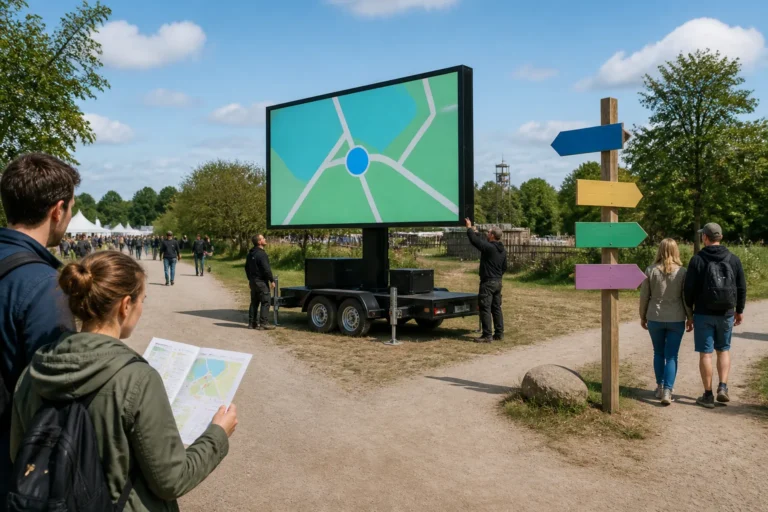 mobiel led-scherm op trailer langs een wandelroute op een terrein met mensen die de weg zoeken
