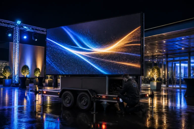 mobiel led-scherm op trailer wordt aangesloten door monteur op luxe evenementenlocatie