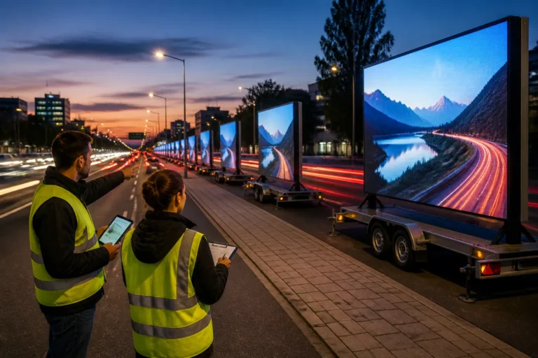 twee mensen bestuderen meerdere mobiele led-schermen op aanhangers langs een drukke weg in de schemering