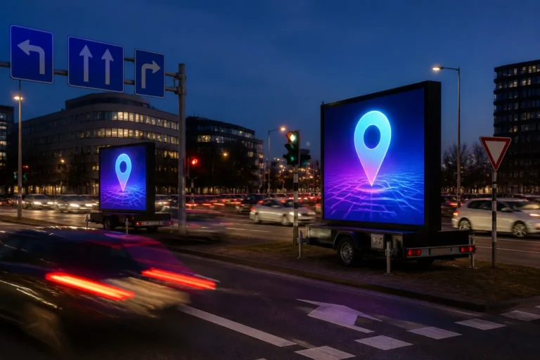 meerdere mobiele led-schermen op aanhangers langs een drukke stadsweg bij een kruispunt in de schemer