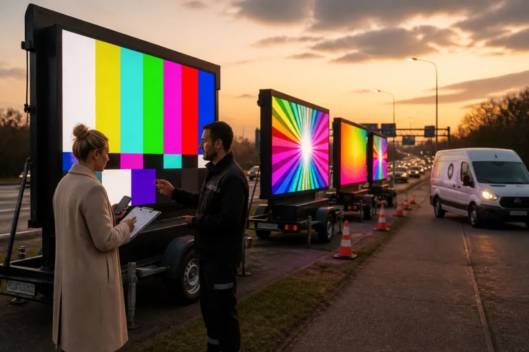 meerdere mobiele led-schermen op aanhangers langs een drukke weg terwijl een marketeer met monteur de campagne afrondt