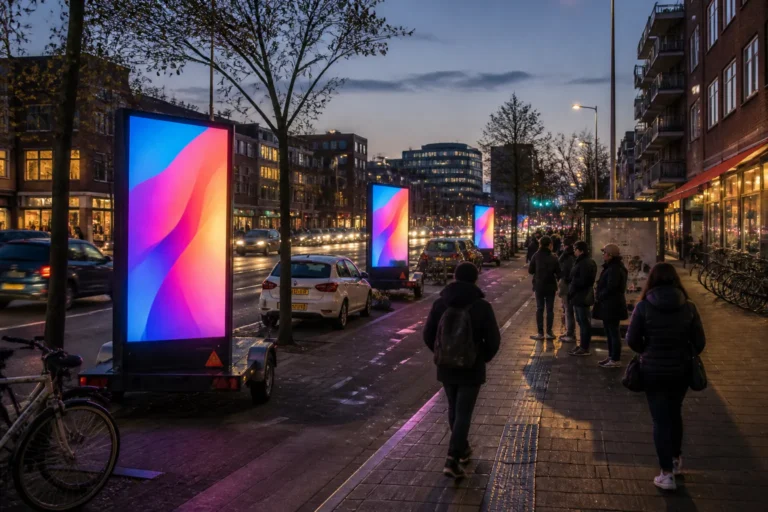 meerdere mobiele led-schermen op aanhangers langs een drukke stadsweg met wachtende voetgangers en passerende auto’s