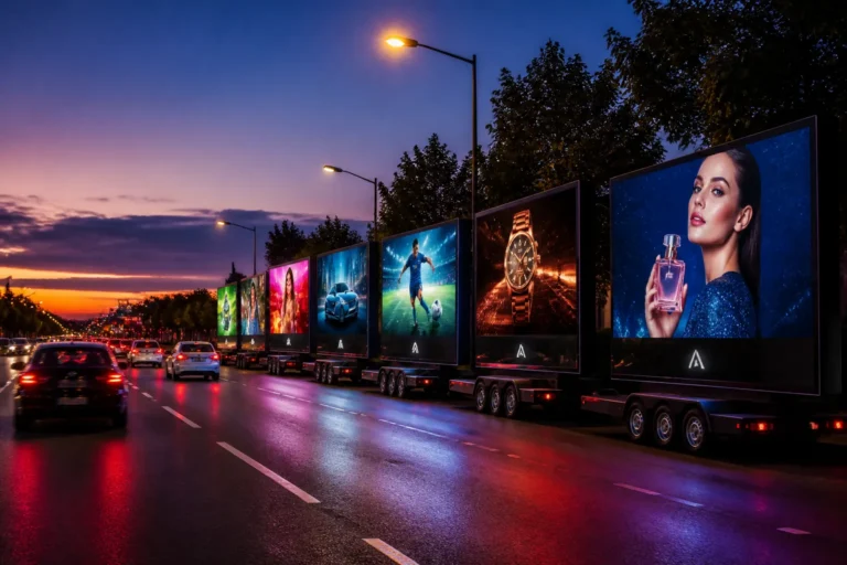 rij mobiele led-schermen op aanhangers langs drukke weg in de schemering met kleurrijke reclame