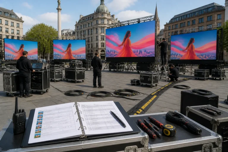 technici op een stadsplein die grote led-schermen monteren en synchroon testen met dezelfde campagne