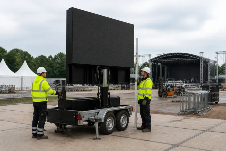 monteurs plaatsen een mobiel led-scherm op een trailer rechtop op een evenemententerrein