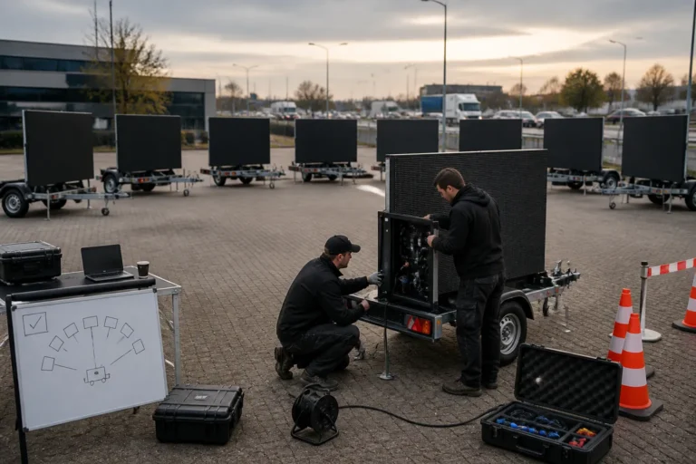 monteurs die mobiele led-schermen op aanhangers aansluiten en testen op een terrein