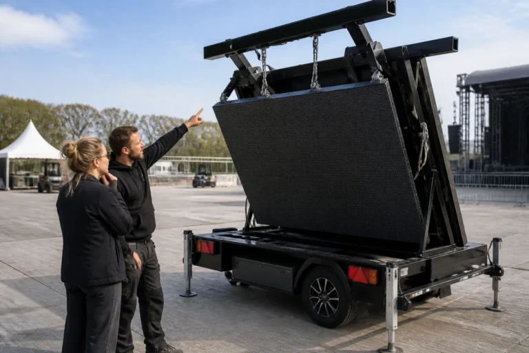 technicus legt aan organisator uit hoe een mobiel led-scherm op trailer wordt uitgeklapt op een evenemententerrein