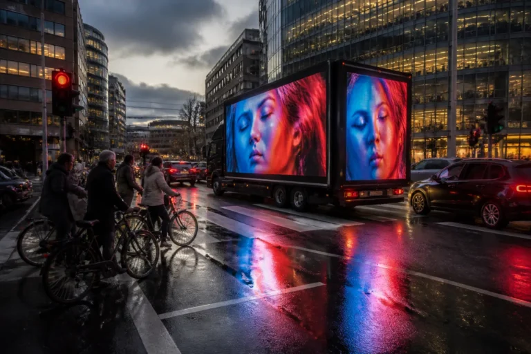dubbelzijdige led-wagen met rijdend reclamescherm in druk stadsverkeer bij schemering