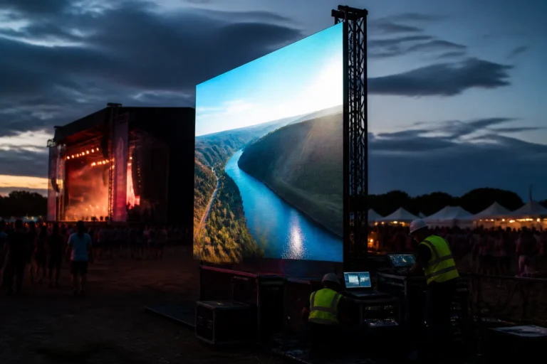 monteurs plaatsen een groot vrijstaand led-scherm naast een festivalpodium op een avondlijk buitenevent
