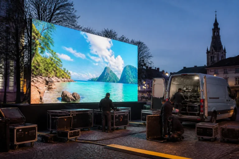 technici installeren een tijdelijk led-scherm op een stadsplein bij schemering met flightcases en busje op de achtergrond