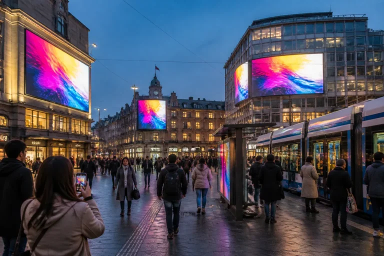 druk stadsplein in de schemer met meerdere grote led-schermen met dezelfde campagne en passerende voetgangers