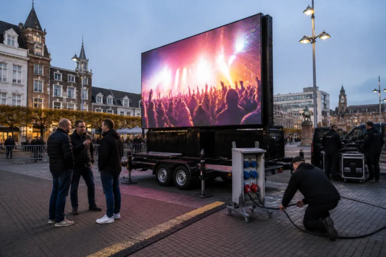 mobiel led-scherm op trailer op stadsplein met technici, stroomkabels en omstanders